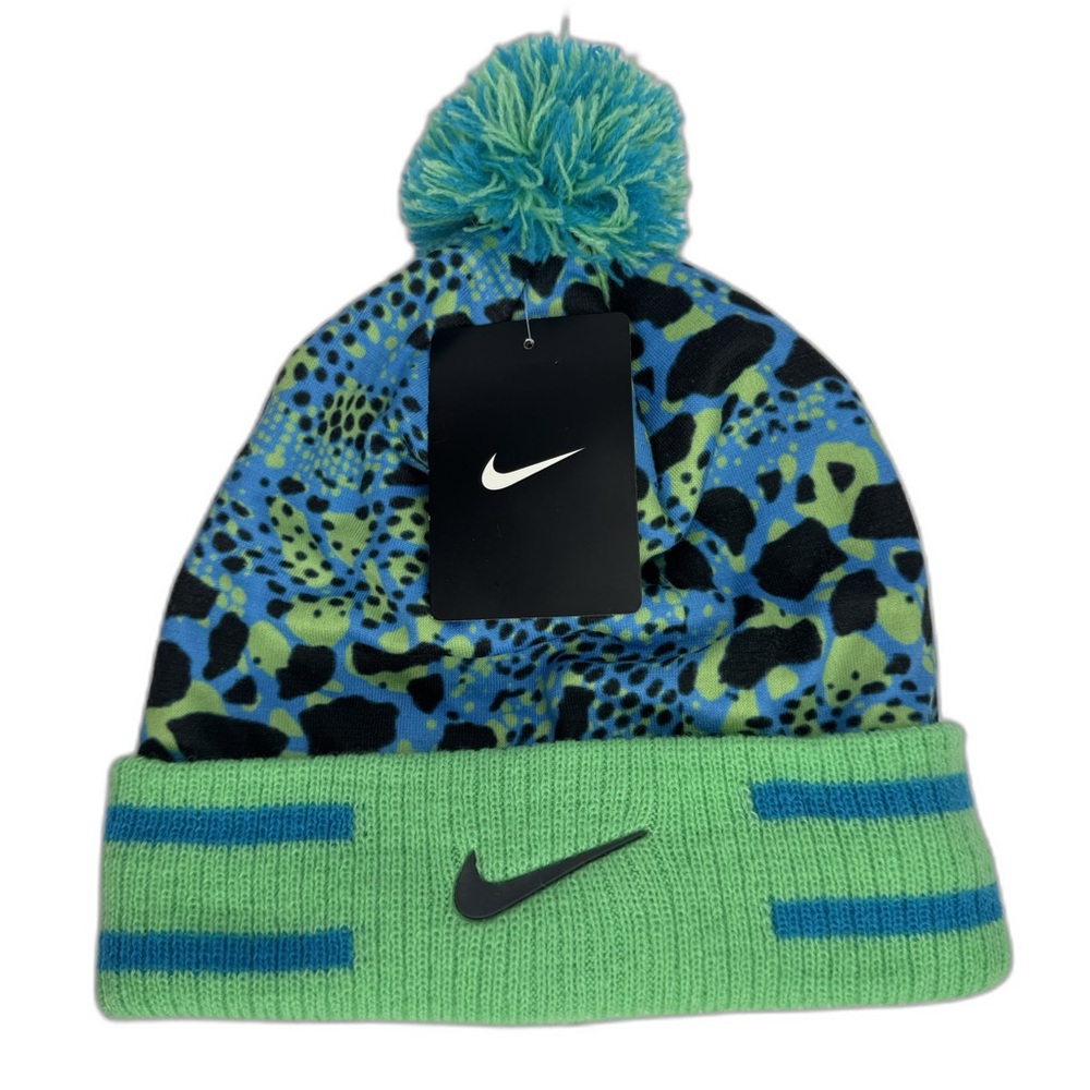 Nike Kids' Vibrant Green and Blue Beanie‎ with Pom Pom Winter Hat